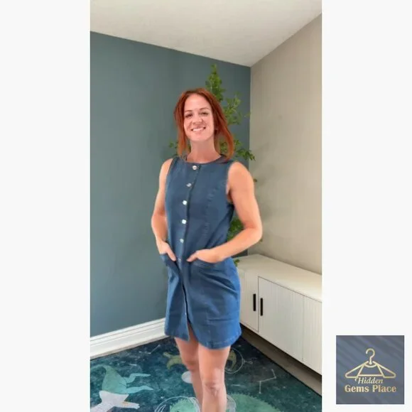 Denim Mini Dress Sleeveless Button Down Pocket Casual Summer - Picture 6 of 7